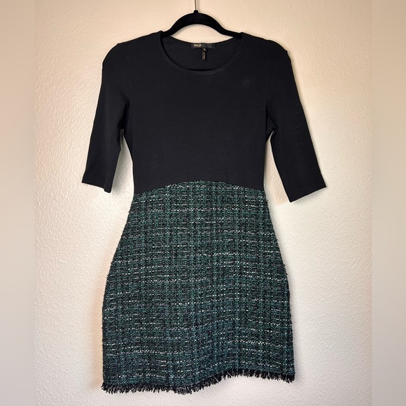 Maje Black/Green Tweed and Cotton Knit Mini Dress - Picture 1 of 5